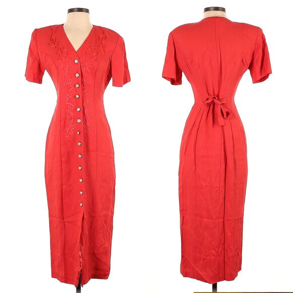 Vintage 90s Scarlett Red Midi Dress Pearl Button Front Shoulder Pads Size 3/4 - Picture 7 of 10